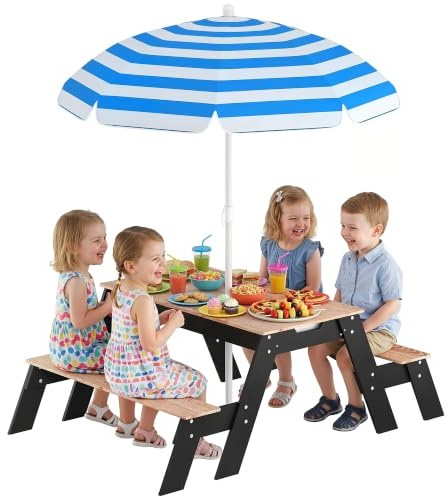 AIYAPLAY Kinder-Picknicktisch Sandkasten mit Sonnenschirm 3-6 Jahre | 3-in-1 Holz-Sand- und Wassertisch, 2 versteckte Spielboxen, Naturholz, Kinder-Gartenmöbel, Terrasse, Garten
