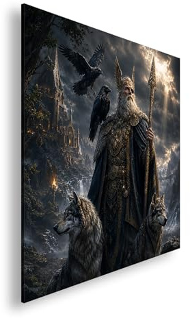 Farbenhorizont Leinwandbild Weiser Odin mit Raben und Wölfen vor mystischer Festung Format: 40x40cm XXL Wandbild auf Keilrahmen/Kunstdruck/Bild Wohnzimmer Dekoration