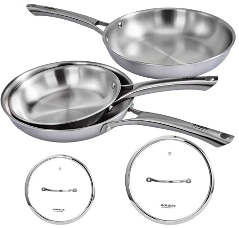 ROVSUN Batería de Cocina 5 Piezas, Juego de Sartenes de Acero Inoxidable, Ø20/24/28 cm, Antiadherente y Fácil de Limpiar, 3 Sartenes con 2 Tapas