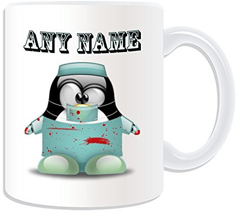 Personalisiertes Geschenk – Chirurg Tasse (Pinguin in Kostüm Design Thema, weiß) – alle Nachricht/Name auf Ihre einzigartige – Doctor Bloody Scrubs Uniform