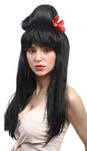 WIG ME UP - 90915-ZA103 Perücke Damen Karneval Fasching Schwarz Lang Glatt mit Beehive Hochsteckfrisur Carmen Spanien Geisha China Japan