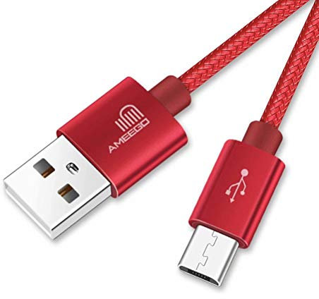ameego 3.1amp fast charging Strong Nylon Braided Tangle-Free Micro USB Data Charger Cable for Samsung, HTC, Nokia, Sony, Kindle, PS4, Speaker, Power bank and More Micro USB Devices - 3.3ft (Red)