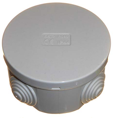 1pk 80mm x 40mm Round Electrical Junction Box with Rubber Cable Entry Grommets and Snap-on Lid IP44 Splashproof Weatherproof