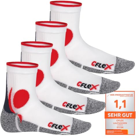 CFLEX Damen und Herren Running Funktions-Socken (4 Paar) Laufsocken - Weiss-Rot 39-42