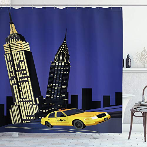 ABAKUHAUS Stadt Duschvorhang, Taxi in New York amerikanisch, Stoffliches Gewebe Badezimmerdekorationsset mit Haken, 175 x 200 cm, Violettblau Gelb Schwarz