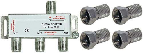K M Electronics® TV Aerial Virgin Satellite Sky 3 Way Digital Splitter + 4 X F Plugs