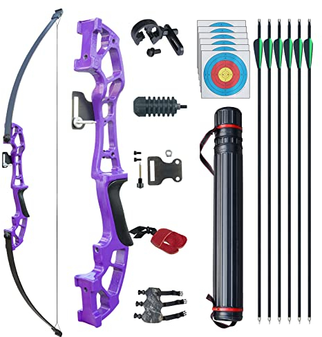 D&Q Pfeil und Bogen Set Bogenschießen für Erwachsene Recurve Bogen rechte Hand 50 Zoll 30 Pfund 40 Pfund mit 6 Stück Gemischter Carbonpfeil Zielübungswettbewerb (Lila, 40 Pfund)