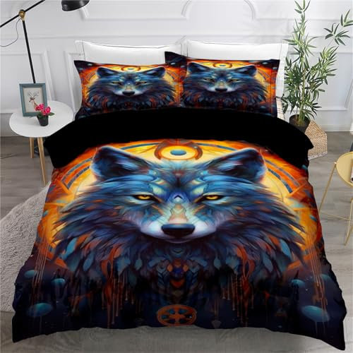 AYMAING Bettwäsche 3D Tier Wolf Bettbezug Set 155x220 cm Bettwäsche Set 3 Teilig Bettbezüge Mikrofaser Bettbezug mit Reißverschluss und 2 Kissenbezug 80 x 80 cm