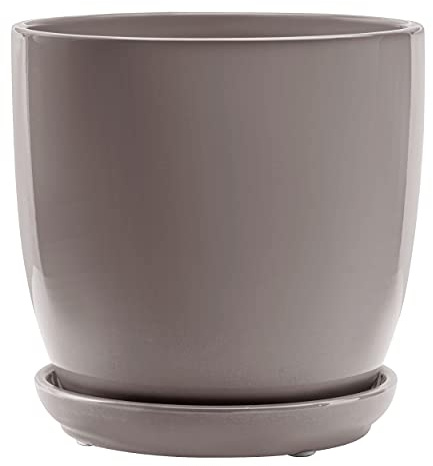 botle Klassischer Blumentopf Keramik Rund Glasiert Untersetzer mit Loch 5 Farben Weiß Gelb Grün Hellblau Betongrau 5 Größen D 13 15 17 18 20 24cm (Grau, Höhe 16 cm)