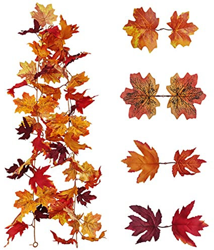jiuzcare Künstliche Ahornblatt Girlande Herbstlaub Blätter Herbst Ahornblätter Reben 175cm Herbstblätter Girlanden für Halloween, Weihnachts Deko, Party, Kamin, Abendessen, Drinnen Drauße Deko, C