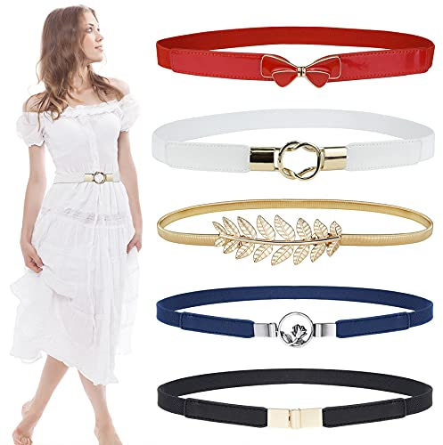 EAONE Skinny Belts for Women 5 Pack, Fashion Dress Belts Stretch Women Waist Belts Plus Size Elastic Waist Band for Dresses, C-Gold/Weiß/Rot/Schwarz/Marineblau, 66-69cm