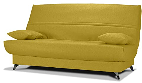 Meubletmoi Harold Schlafsofa, 130 x 190 cm, mit Bezug aus Stoff, gelb, Matratze Bultex®, Dicke 14 cm, Metallfüße und 2 Deko-Kissen