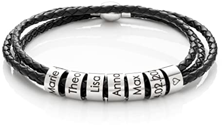 MYCLUSIV® Personalisiertes Lederarmband Herren mit Namen auf Silbernen Ringen - Armband mit Gravur - Geschenk für Männer - Männerarmband - Geschenk Papa