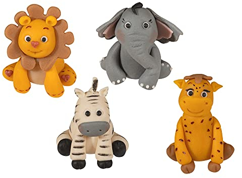 Bombasei Handgefertigte Zucker Fondant Tiere mit Löwen, Zebra, Elefanten & Tigermotiv 4-teilig, 98g, perfekt für Torten- & Kuchendekoration, Tortendeko zum Verschenken & selbst freuen