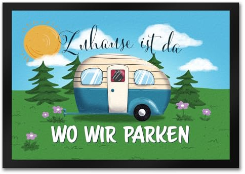 speecheese Zuhause ist da, wo wir parken Wiese Fußmatte in 35x50 cm mit Camper-Motiv EIN farbenfroher Fußabtreter als hübsche Geschenkidee für Camping-Begeisterte in jeder Jahreszeit