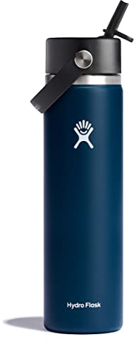 HYDRO FLASK - Water Bottle 709 ml (24 oz) - Vacuum Insulated Stainless Steel Water Bottle with Flex Straw Cap - BPA-Free - Wide Mouth - Indigo