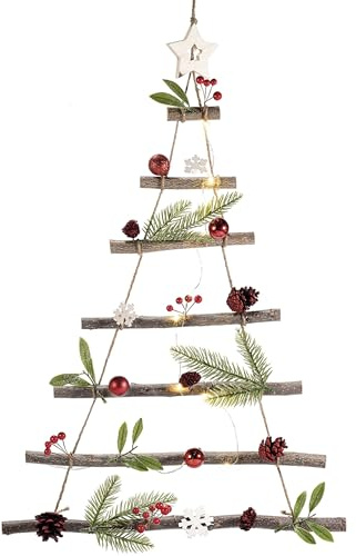 Gruppo Maruccia - Albero di Natale da Parete Luminoso - Albero di Natale Addobbato da Appendere - Ghirlanda Artigianale Natalizia a Forma di Albero Stilizzato in Legno - Altezza 74 Cm