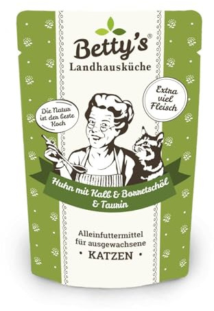 Betty's Landhausküche Frischebeutel Pouches Nassfutter Katze, Huhn & Kalb mit Borretschöl 100g, getreidefrei, Beste Qualität, hochwertiges Fleisch, schonend gegart, hohe Bioverfügbarkeit