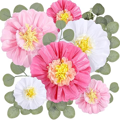 Lincia Riesige Papierblumen und künstliche Eukalyptusblätter, große Papierblumen für Teepartys, Babypartys, Geburtstagspartys, Kinderzimmer, Hochzeit (Rosa, 61 cm/30,5 cm)