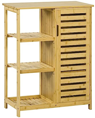 kleankin Badezimmerschrank Badschrank mit Schrankfach, 3 Offenen Ebenen, Toilettenschrank mit Kippschutz, Beistellschrank für Bad, Bambus, Natur, 66 x 33 x 87 cm