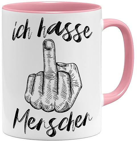 OM3® lustige Kaffee-Tasse mit Spruch - Ich hasse Menschen - Mittelfinger - Keramik Becher - 11oz 325ml - Beidseitig Bedruckt - Rosa