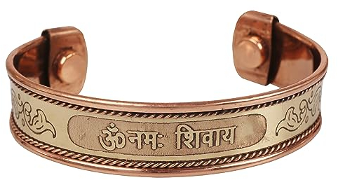 Touchstone Handgefertigtes Messingarmband Kupferbasis, Om Namah Shiva, geprägte Motive, tibetisches zweifarbiges magnetisches Wohlbefinden für Männer und Frauen.