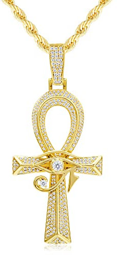 PY BLING Iced Out Eye of Horus Ankh Cross Pendant Ancient Egyptian Necklace Chain 14K Gold White Gold Plated Protection Jewelry for Men Women with Stainless Rope Chain, lac fabric lac fabric Brass,