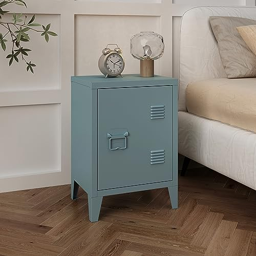[en.casa] Nachttisch Inari Nachtschrank Graublau Nachtkästchen mit Einer Schranktür Sofatisch Türgriff Links Metall Nachtkommode 57 x 40 x 30 cm Büroschrank
