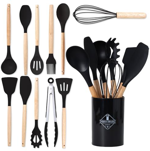 BASVII 12 Piezas Juego de Utensilios de Cocina de Silicona, Fabricado en Silicona y Mangos de Madera, Resistente al Calor Antiadherente, Utensilios Cocina Apto para Todas Las Ollas y Sartenes (Negro)