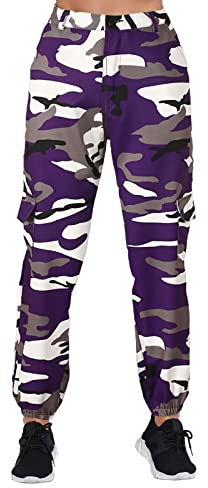 Militär Hose Schwarz Damen Damen Camo Hose Cargohose Camouflage Hose Elastische Taille Lässige Multi Outdoor Jogger Hose mit Tasche Skiunterwäsche Damen Kurze Hose Bier Hose Damen (Purple-c, XL)