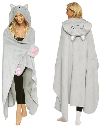 Hoodie Decke mit Ärmeln und Kapuze Damen Tragbare Katzendecke - Superweiche und Warme Faultier Katzen Decke, Tragbare Decke zum Anziehen Geschenke für Herren Damen 130x150cm