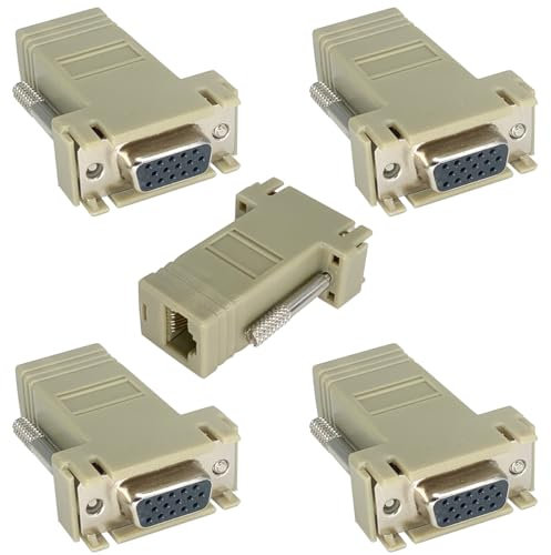 Jienk 5Pcs VGA Extender Over Ethernet Adapter, VGA Female 15Pin to RJ45 Female Extender Transmission Over CAT5 CAT6 Network Cable Connector