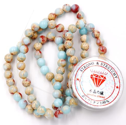 Fukugems Perlen mit Stretch-Kordel für Schmuckherstellung lose Steinperlen für DIY Energiestein Heilkraft Armband 8mm=96 Stücke und 1 Roll Cord Blue Agalmatolite 8mm