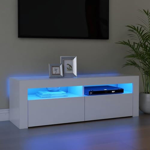 Gecheer TV Cabinet Sideboard Lowboard TV Table Storage TV Unit Cabinet with LED Lights for Living Room, Entertainment Center White 120x35x40 cm