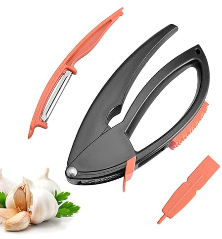 New Multifunctional Garlic Press, Includes Cleaning Scraper Meat Hammer and Peeler, Heavy Duty Easy Squeeze Garlic Crusher/268