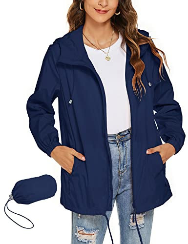 Rapbin - Giacca a vento da donna, leggera e impermeabile, sottile e pratica da portare con sé in viaggio, da pioggia, per la bicicletta, Blu scuro, S