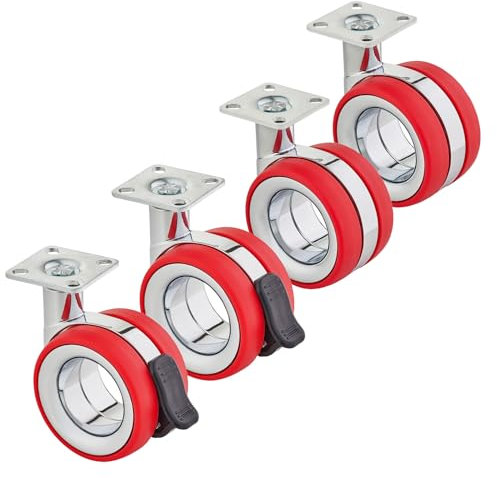 SOTECH 4er Set Premium Möbelrollen Düsseldorf Ø 75 mm (Höhe 98,5 mm, chrom/rot, 2x Lenkrollen, 2x Lenkrollen mit Bremse, Anschraubplatte 47 x 47 mm) Designrolle für moderne Möbelstücke