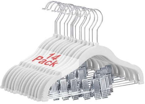 Wellong Perchas de Terciopelo con Clips, Perchas para Ropa de Niños de 30cm, Perchas Antideslizantes para Niños Pequeños y Bebés 14 Piezas Blanco