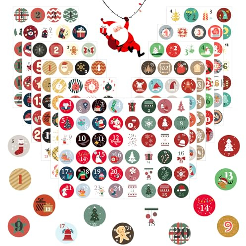 JAMSSOW 12 x 24 Adventskalender Zahlen Aufkleber(Zahlen 1-24),Advent Kalender Aufkleb,Adventskalenderzahlen Etiketten selbstklebend,Weihnachten Adventskalender Sticker,DIY Nummern Papiertüten