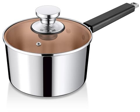 TEAMFAR Kasserolle 18cm, 3-Lagen Edelstahl Stielkasserolle Kochtopf Induktion 2,8L mit Glasdeckel, Hochglanzpoliert Milchtopf mit Hitzebeständigem Griff für alle Herdarten geeignet, Spülmaschinenfest