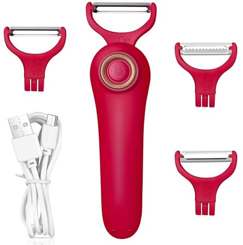 Electric Potato Peeler, Handheld Electric Vegetables and Fruit Peeler 3-in-1 Pro Set, USB Rechargeable Kitchen Gadgets for Apples, Potato, Carrots, Cucumber (Red)