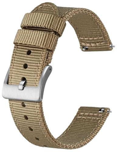 BISONSTRAP Nylon Armband für Herren, Zweiteilige Militär Uhrenarmband, Schnellverschluss, Gebürstete Schnalle, 20mm, Khaki (Silberne Schnalle)