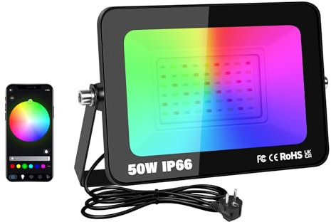 RIGIDON 1x 50W RGB LED Strahler APP-Steuerung, 5000LM RGBW Farbwechsel Flutlicht, Smart Dimmbar Timer Bunt Fluter Lampe Für Party Garten Baum Landschaft, Disco Feiern, Außen/Innen Wasserdicht IP66