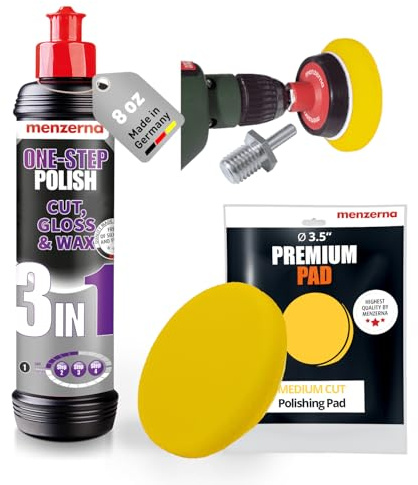 menzerna Kit de polissage 3 en 1 - Polissage en une étape + adaptateur pour perceuse + tampon de coupe moyenne | Polissez votre voiture avec une perceuse sans fil