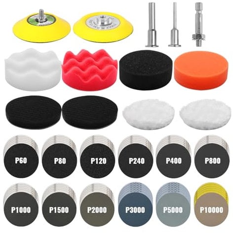 Kit Pulido Faros Coche de 133 Piezas - Restauración de Faros Lijas Húmedas,Pulido Atornillador Inalámbrico,Discos Abrasivos de 75 mm,para la Restauración de Faros, Carrocería, etc.