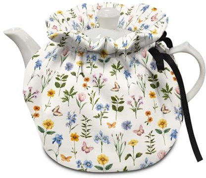 Poceacles Tea Pot Cozy Cover Insulated Tea Cosy for Teapots, Keeping Warm Heat Resistant Tea Kettle Dust Protector with Adjustable Strap, Floral Leaves Butterfly White