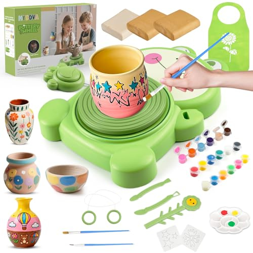 MYDOVA Pottery Wheel for Kids, Complete Pottery Painting Kit Arts and Crafts for Kids Ages 6-12 with 3 Pack Air Dry Clay&Clay Sculpting Tools&Foot Pedal USB Power&Apron, Birthday Christmas Gifts