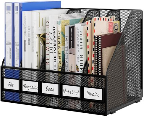EasyPAG Desktop Metal A4 Magazine File Holder Mesh Desk Tidy Office Literature Document Ring Binder Paper Organiser Filing Rack,5 Compartments,Black