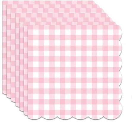 40PCS Light Pink Gingham Scalloped Napkins – Disposable Cocktail Paper Napkins with Elegant Pastel Checkered Design for Wedding, Birthday, Baby Shower, Dinner & Party Table Decorations