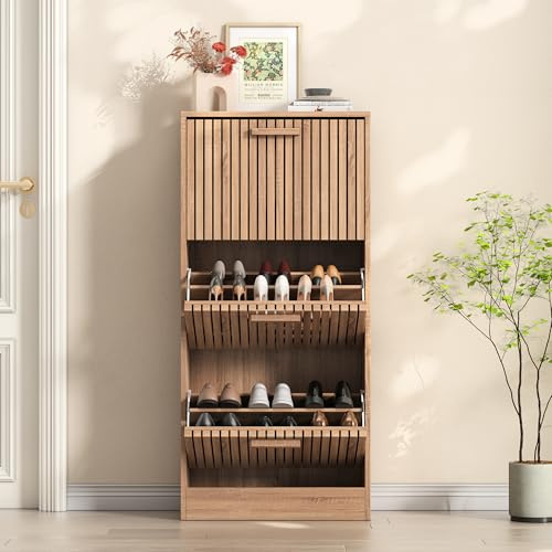 WSOFZMO Schuhschrank Holz mit 3 Klappen,Schuhregal Schuhkipper Schmal, Eingangsbereich Möbel, Anti Kipp Vorrichtung, Freistehender Eingang für den Eingang, Flur und Wohnzimmer, Holzfarbe (Neu02)
